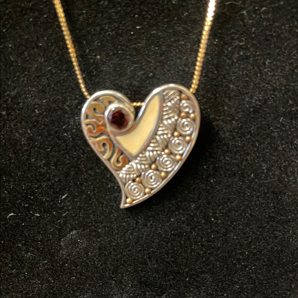 Zealandia Fossilized Walrus Tusk SS Heart Pin-Pendant W/Garnet & 14KGF 16” Chain